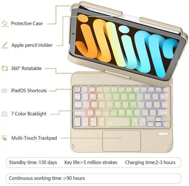 Alt view image 3 of 5 - TaIYanG Keyboard Case for iPad mini 7 A17 Pro 2024 & Mini 6,7 Color Backlit Trackpad Keyboard Case for iPad mini 6th Generation 2021 8.3-inch,360° Rotatable Slim Cover for iPad mini 7th Gen,Rock Grey