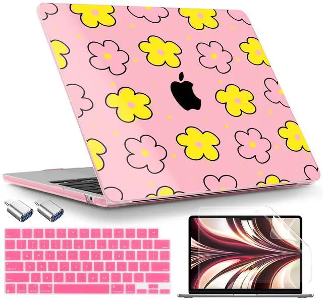 Main image of TWOLSKOO for MacBook Air 13 inch Case M4 A3240 M3 A3113 M2 A2681 2025 2024 2022 Plastic Hard Shell, Keyboard Cover, Type C Adapter, Screen Protector for MacBook Air 13.6 inch, Cute Pink Flowers