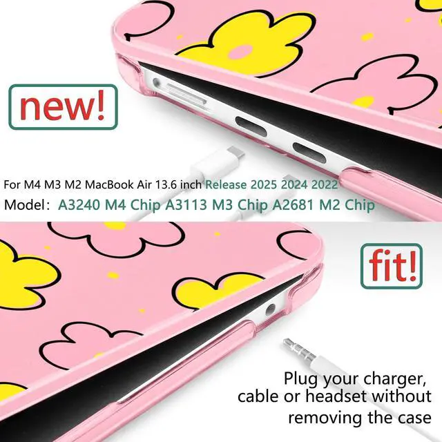 Alt view image 3 of 5 - TWOLSKOO for MacBook Air 13 inch Case M4 A3240 M3 A3113 M2 A2681 2025 2024 2022 Plastic Hard Shell, Keyboard Cover, Type C Adapter, Screen Protector for MacBook Air 13.6 inch, Cute Pink Flowers