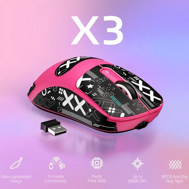 Alt view image 2 of 4 - MANBASNAKE × ATTACK SHARK X3 Wireless Gaming Mouse, 49g Lightweight Triple Mode Ergonomic Computer Mouse, PAW3395 26K DPI Sensor,200h Battery Life, Griptape Programmable Buttons for PC/Mac/Win (Berry)