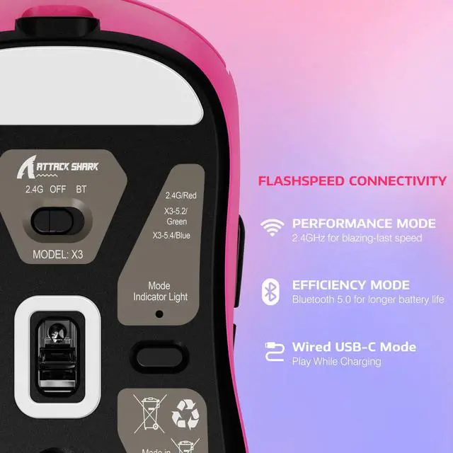 Alt view image 3 of 4 - MANBASNAKE × ATTACK SHARK X3 Wireless Gaming Mouse, 49g Lightweight Triple Mode Ergonomic Computer Mouse, PAW3395 26K DPI Sensor,200h Battery Life, Griptape Programmable Buttons for PC/Mac/Win (Berry)