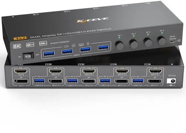 Main image of KVM Switch 2 Monitors 4 Computers 8K@60Hz 4K@144Hz, HDMI+Displayport KVM Switch 4 Port for 4 PC Share 2 Monitors and Keyboard Mouse,Support Extended/Copy Mode, with Wired Remote and 4 USB Cables