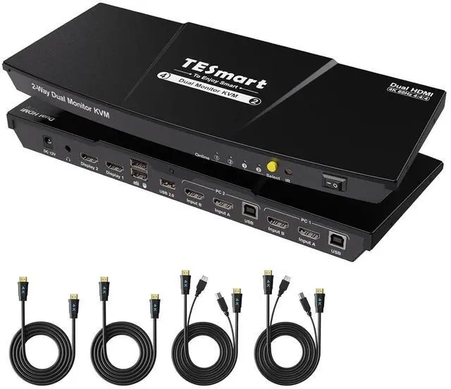 Main image of TESmart HDMI KVM Switch 2 Monitors 2 Computers 4K@60Hz, USB 2.0, Dual Monitor KVM Switch HDMI 2 Port Extended Display, EDID emulators, L/R Audio, Hotkey Switch, Button Switch with All Input Cables