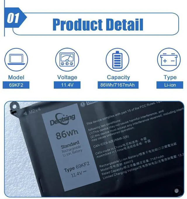 Alt view image 2 of 5 - 86Wh 69KF2 Laptop Battery Replacement for Dell XPS 15 9500 9510 9520 Alienware M15 M17 R3 R4 R5 R6 Precision 5550 5560 5570 Inspiron 7510 7610 P87F P91F G7 15 7500 G15 5510 5511 5515 5520 8FCTC 70N2F