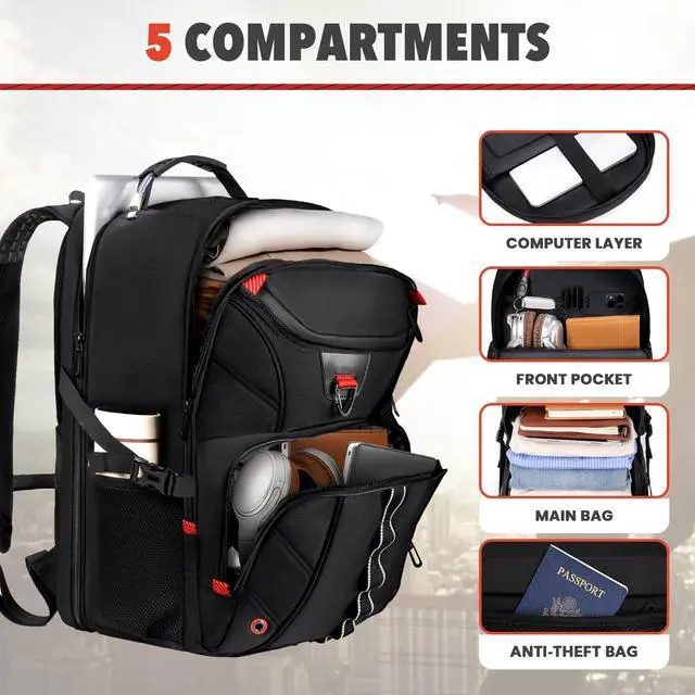 Alt view image 4 of 5 - Z-MGKISS Extra Large Travel Backpack, 18.4"-19" Gaming Laptop Rucksack, TSA-Approved Anti-Theft Spacious Daypack for Work, Gym & College, Black