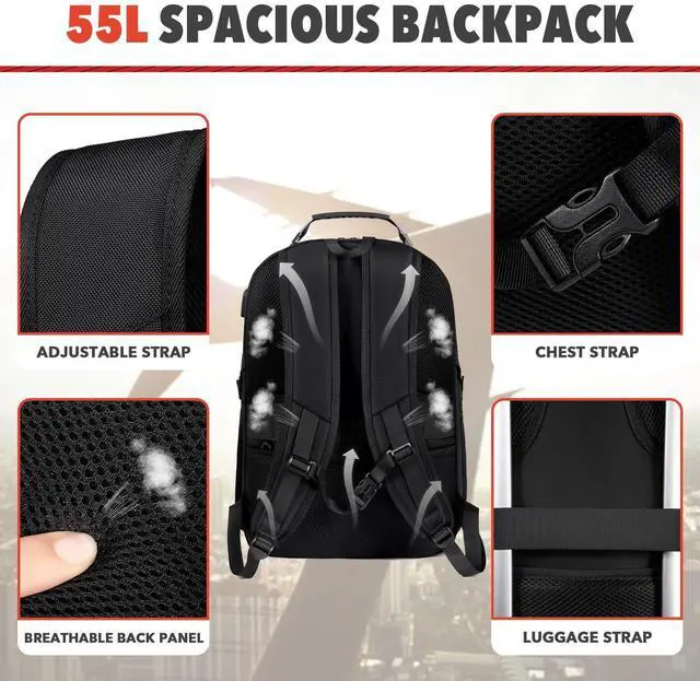 Alt view image 5 of 5 - Z-MGKISS Extra Large Travel Backpack, 18.4"-19" Gaming Laptop Rucksack, TSA-Approved Anti-Theft Spacious Daypack for Work, Gym & College, Black