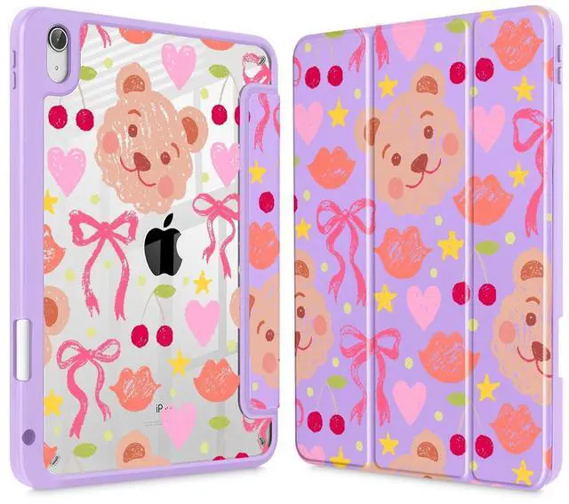 Main image of Mektron Case for 2025 iPad 11 inch (A16 Chip) 11th Gen Fit iPad 10th Gen10.9 inch 2022, Buit in Pencil Holder with Shockproof Cover Clear Shell + Trifold Stand + Auto Wake/Sleep, Teddy Bow-Purple