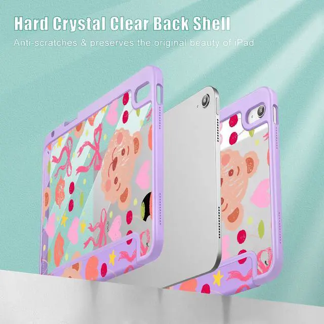 Alt view image 4 of 5 - Mektron Case for 2025 iPad 11 inch (A16 Chip) 11th Gen Fit iPad 10th Gen10.9 inch 2022, Buit in Pencil Holder with Shockproof Cover Clear Shell + Trifold Stand + Auto Wake/Sleep, Teddy Bow-Purple