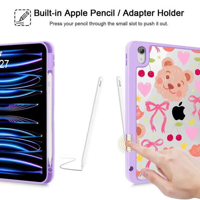 Alt view image 5 of 5 - Mektron Case for 2025 iPad 11 inch (A16 Chip) 11th Gen Fit iPad 10th Gen10.9 inch 2022, Buit in Pencil Holder with Shockproof Cover Clear Shell + Trifold Stand + Auto Wake/Sleep, Teddy Bow-Purple