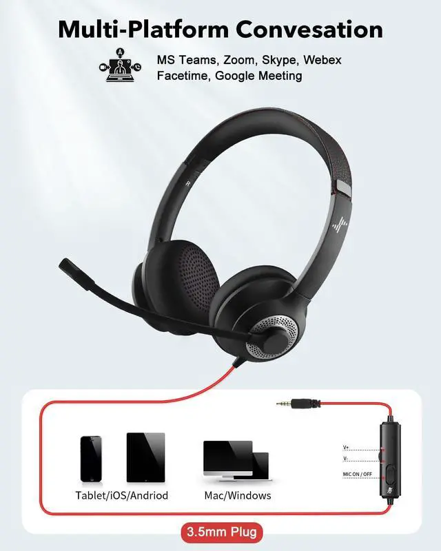 Alt view image 5 of 5 - JIAMQISHI USB Headset with Mic for PC, On-Ear Computer Laptop Headphones with Noise Cancelling Microphone Control for Home Office Online Class Skype Zoom (3.5mm, Black)