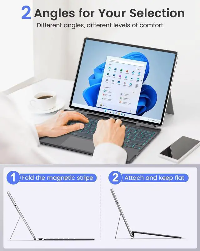 Alt view image 4 of 5 - MoKo for Surface Pro 11 Keyboard, Ultra-Slim Portable Wireless Bluetooth Microsoft Surface Pro 11/10/9/8/X Keyboard with Palm-Rejection Trackpad, 7-Color Backlit, Pen Holder, Long Battery Life, Black