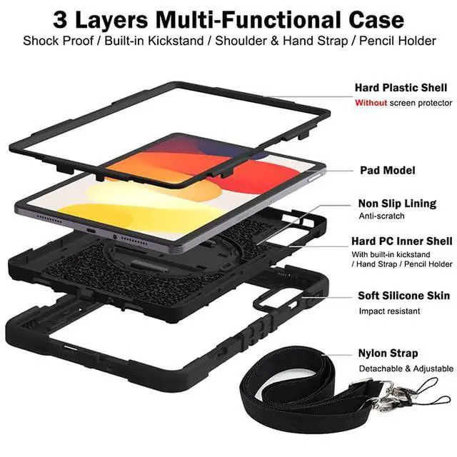 Alt view image 3 of 5 - YOUULAR Tablet Case for Xiaomi Redmi Pad SE 11.0 inches, Tablet Shockproof Cover with 360° Rotating Stand and Wrist Strap, Shoulder Strap Completely Black