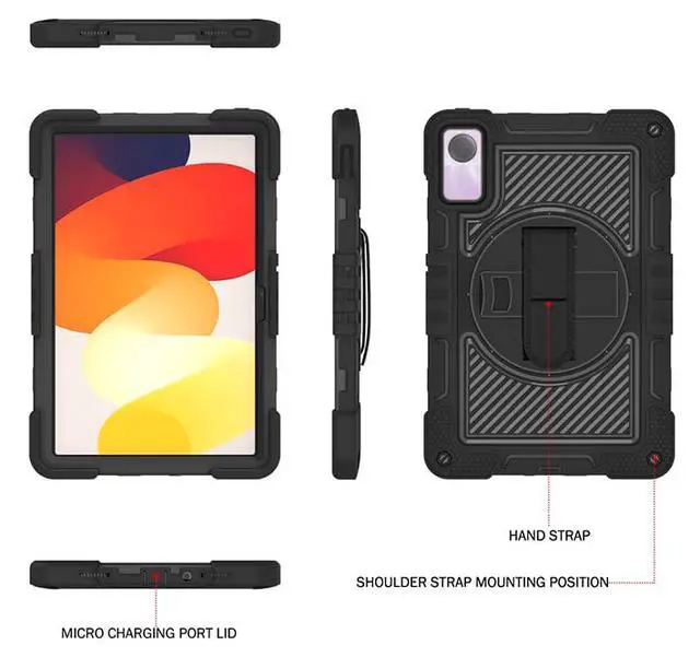 Alt view image 4 of 5 - YOUULAR Tablet Case for Xiaomi Redmi Pad SE 11.0 inches, Tablet Shockproof Cover with 360° Rotating Stand and Wrist Strap, Shoulder Strap Completely Black