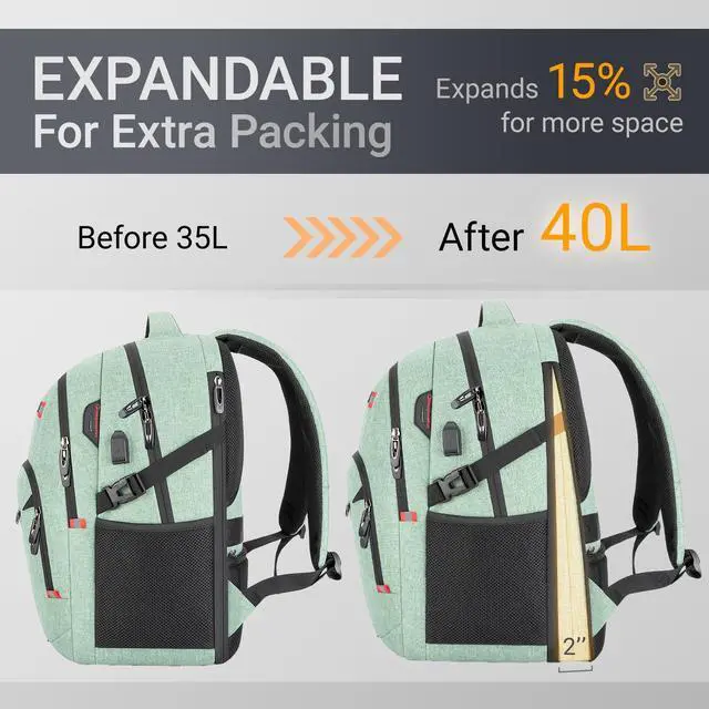 Alt view image 3 of 5 - Velaybor 40L Expandable Laptop Backpack, Anti-thief Travel Backpack with USB Charging Port, Airline Approved Business Waterproof Carry on Luggage, Fits 15.6" Laptop for Men Women