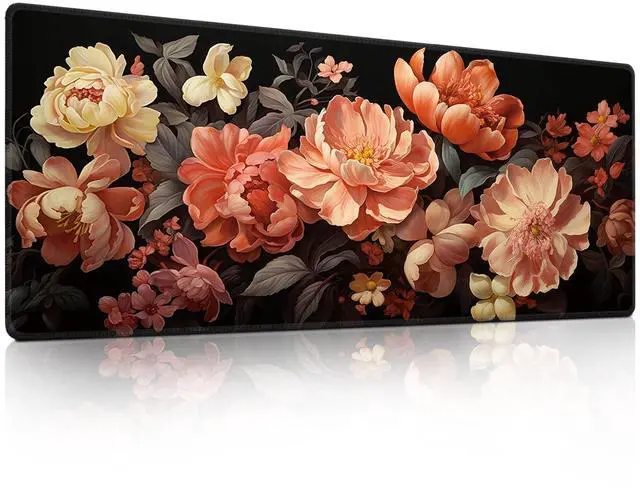 Main image of Peony Floral Dark Mouse Pad - Blooming Flower Design Gaming Mousepad - Large Non-Slip Desk Mat for Office, PC, Laptop - 31.5"x11.8" x 3mm