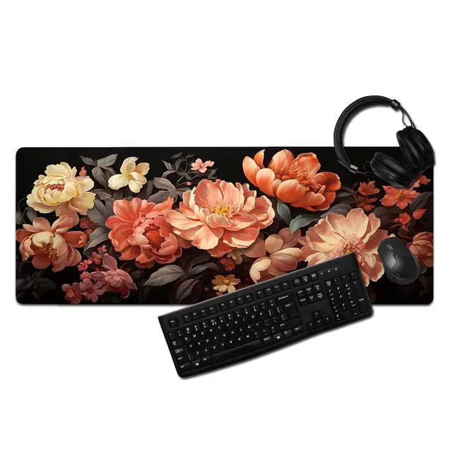 Alt view image 2 of 5 - Peony Floral Dark Mouse Pad - Blooming Flower Design Gaming Mousepad - Large Non-Slip Desk Mat for Office, PC, Laptop - 31.5"x11.8" x 3mm