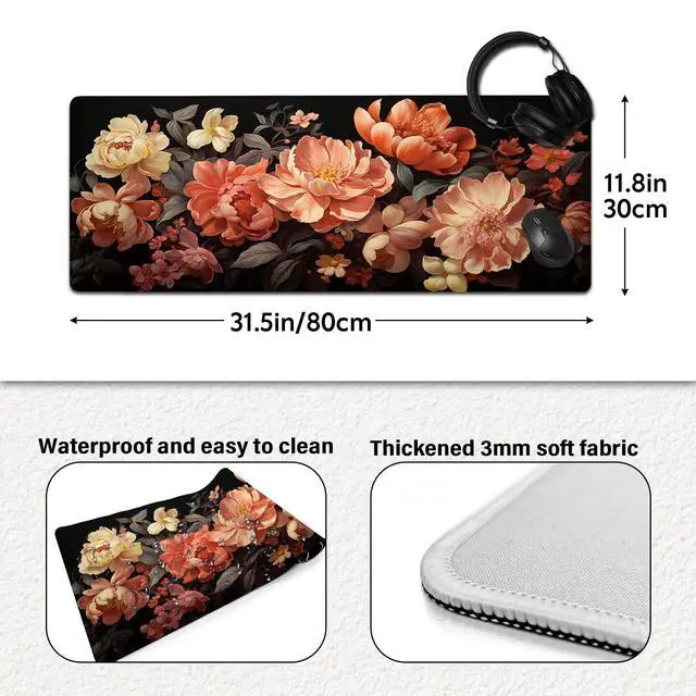 Alt view image 3 of 5 - Peony Floral Dark Mouse Pad - Blooming Flower Design Gaming Mousepad - Large Non-Slip Desk Mat for Office, PC, Laptop - 31.5"x11.8" x 3mm