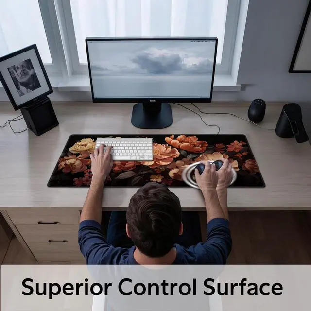 Alt view image 5 of 5 - Peony Floral Dark Mouse Pad - Blooming Flower Design Gaming Mousepad - Large Non-Slip Desk Mat for Office, PC, Laptop - 31.5"x11.8" x 3mm