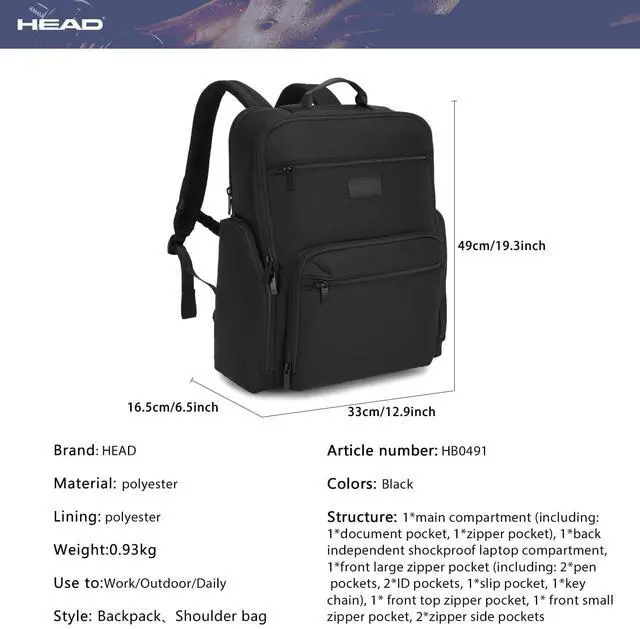 Alt view image 4 of 5 - HEAD Large Laptop Backpack for Men with Trolley Sleeve, Travel Backpacks fits 17.3 inch Laptop, Waterproof Business Laptop Bags for Work/Commute/College/Daily, Black