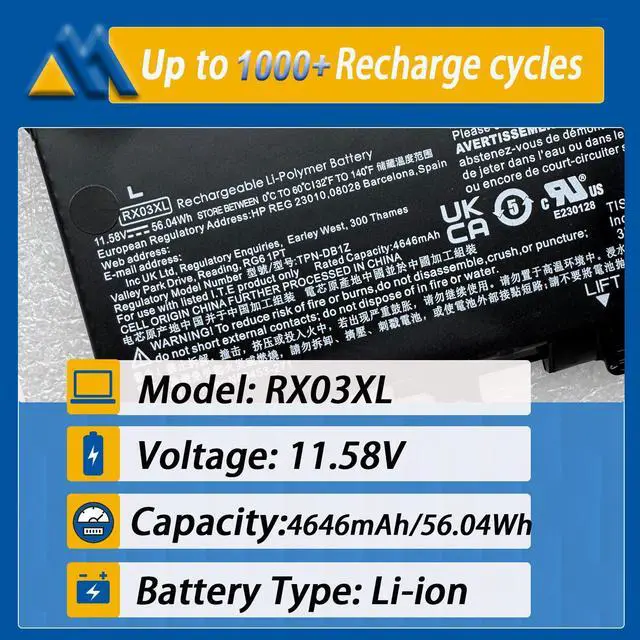 Alt view image 2 of 5 - Mobik RX03XL Laptop Battery Replacement for HP EliteBook 630 G11 11.58V 56.04Wh 4646mAh