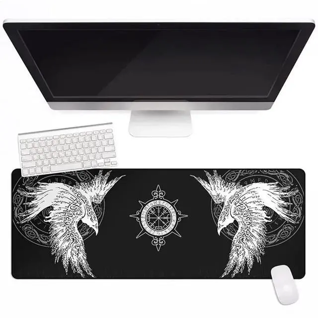 Main image of YCYR Viking Raven Rune Vegvisir Mouse Mat, 3D Print Tattoo Big Extended Desk Game Keyboard Pad with Non-Slip Base and Stitched Edge for Office & Home,Black,35.4" x 15.7"