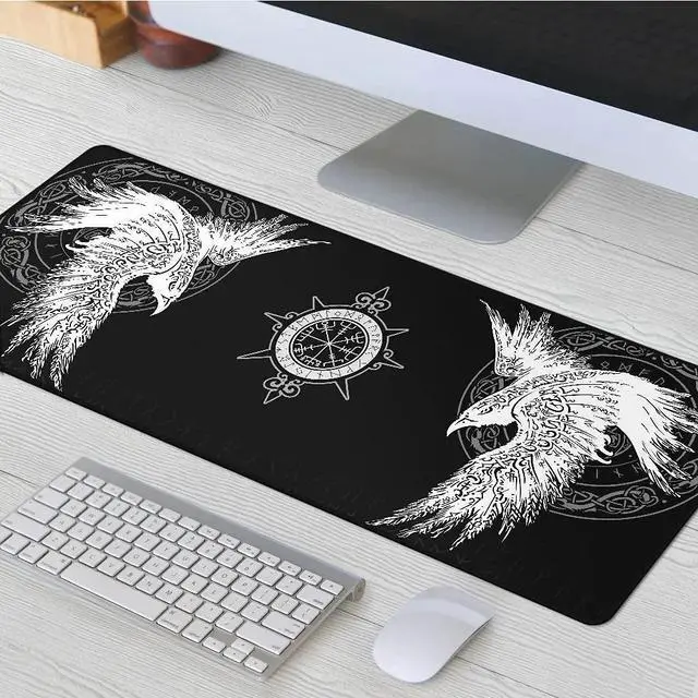 Alt view image 2 of 5 - YCYR Viking Raven Rune Vegvisir Mouse Mat, 3D Print Tattoo Big Extended Desk Game Keyboard Pad with Non-Slip Base and Stitched Edge for Office & Home,Black,35.4" x 15.7"