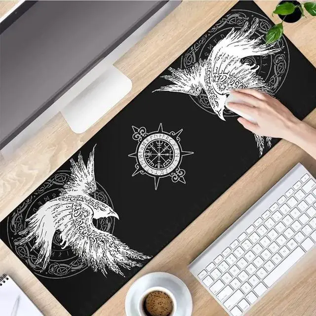 Alt view image 3 of 5 - YCYR Viking Raven Rune Vegvisir Mouse Mat, 3D Print Tattoo Big Extended Desk Game Keyboard Pad with Non-Slip Base and Stitched Edge for Office & Home,Black,35.4" x 15.7"