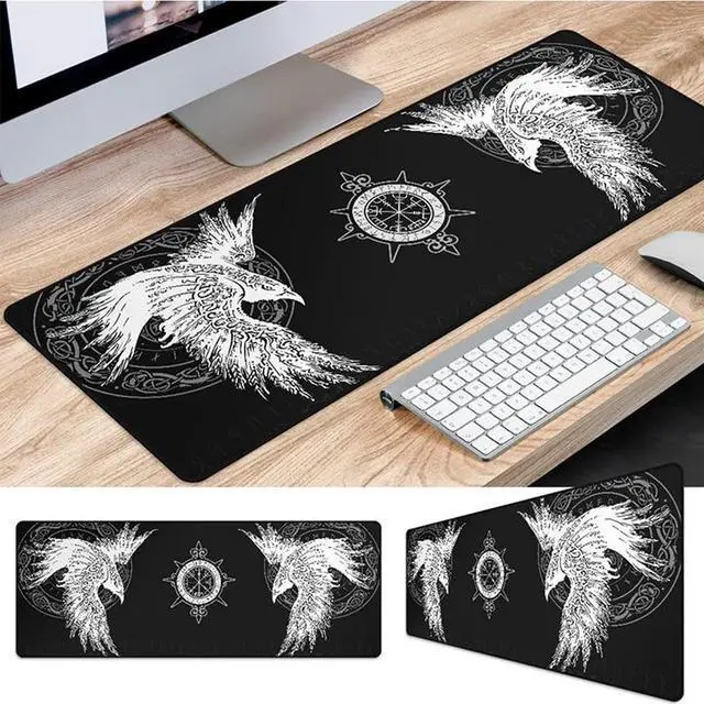 Alt view image 4 of 5 - YCYR Viking Raven Rune Vegvisir Mouse Mat, 3D Print Tattoo Big Extended Desk Game Keyboard Pad with Non-Slip Base and Stitched Edge for Office & Home,Black,35.4" x 15.7"