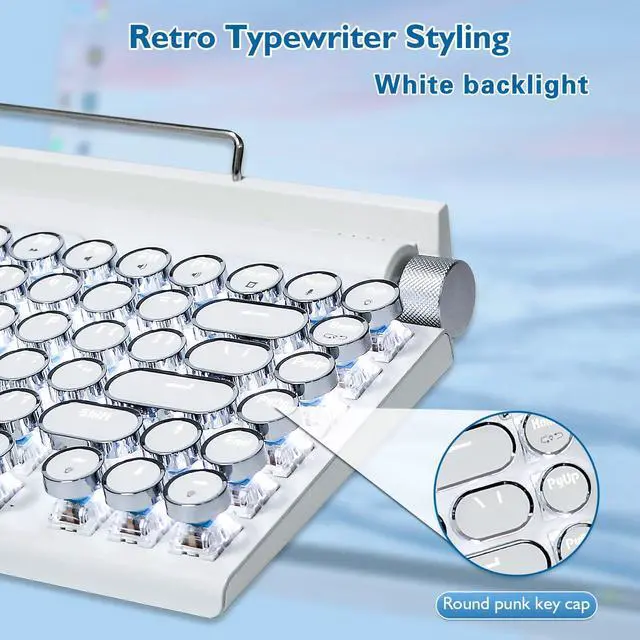 Alt view image 2 of 5 - Adventurers Retro Typewriter Keyboard, 75% Layout 83 Keys Wireless Keyboard with Blue Switch,Bluetooth 5.0 and Multi-Device Switching,Vintage Punk Style,Hot-Swappable for PC/Laptops/Mac/ipad-White