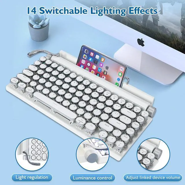 Alt view image 3 of 5 - Adventurers Retro Typewriter Keyboard, 75% Layout 83 Keys Wireless Keyboard with Blue Switch,Bluetooth 5.0 and Multi-Device Switching,Vintage Punk Style,Hot-Swappable for PC/Laptops/Mac/ipad-White