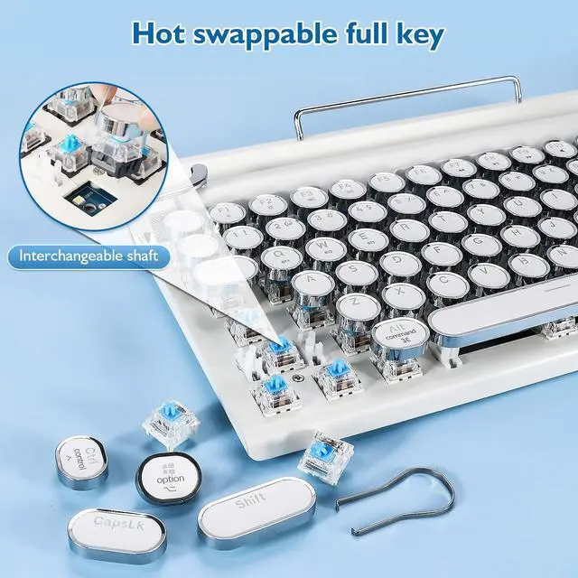 Alt view image 4 of 5 - Adventurers Retro Typewriter Keyboard, 75% Layout 83 Keys Wireless Keyboard with Blue Switch,Bluetooth 5.0 and Multi-Device Switching,Vintage Punk Style,Hot-Swappable for PC/Laptops/Mac/ipad-White
