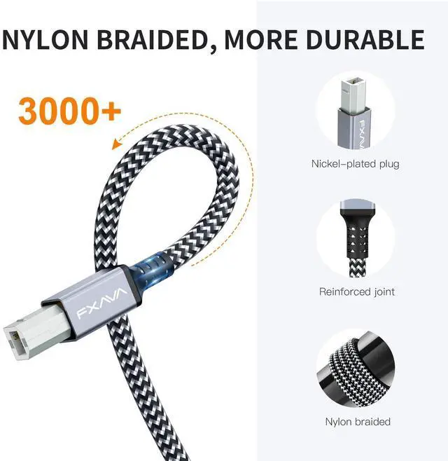 Alt view image 3 of 5 - Printer Cable 50 feet - Active USB Printer Cable Nylon Braided USB Type A to B Cord Compatible with HP, Canon, Epson, Dell, Brother, Lexmark, Xerox, Samsung etc
