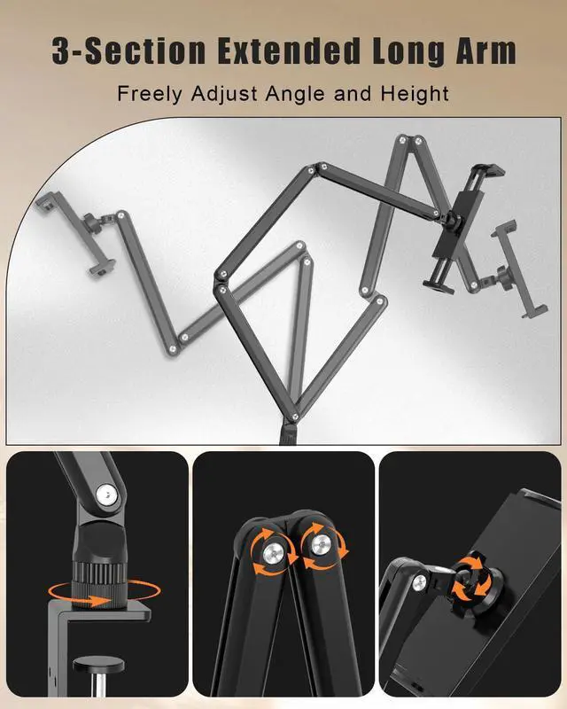 Alt view image 2 of 5 - Tablet Stand for Desk/Bed, Adjustable iPad Holder Clamp Mount, Foldable Tablet Arm, 360° Rotation, Compatible with 5.7''-15.6'' IPhone, iPad Pro, Air, Mini, Kindle, Galaxy Tab, Nintendo Switch