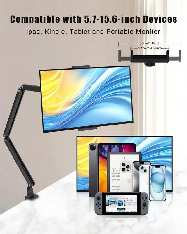 Alt view image 5 of 5 - Tablet Stand for Desk/Bed, Adjustable iPad Holder Clamp Mount, Foldable Tablet Arm, 360° Rotation, Compatible with 5.7''-15.6'' IPhone, iPad Pro, Air, Mini, Kindle, Galaxy Tab, Nintendo Switch