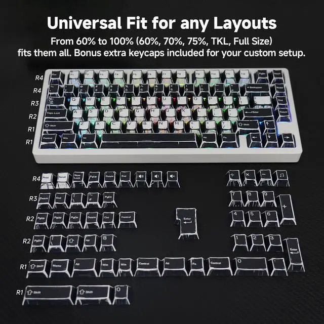 Alt view image 3 of 5 - 137 Versatile PBT Keycaps, Xmas Gift, No Tear, Never Fades, Black & White Keycaps for Mechanical Keyboard (Typing, Gaming or Anime Passion) RGB Backlit, Ergonomic (Doubleshot, MX, Fit All, Cherry)