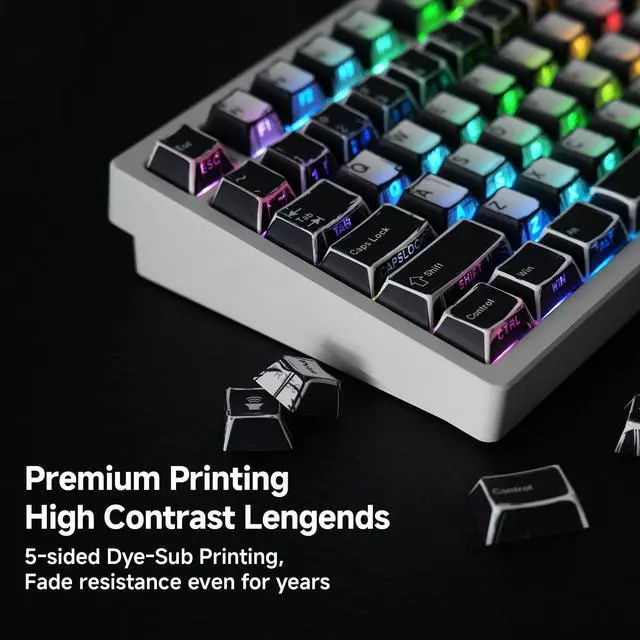 Alt view image 5 of 5 - 137 Versatile PBT Keycaps, Xmas Gift, No Tear, Never Fades, Black & White Keycaps for Mechanical Keyboard (Typing, Gaming or Anime Passion) RGB Backlit, Ergonomic (Doubleshot, MX, Fit All, Cherry)