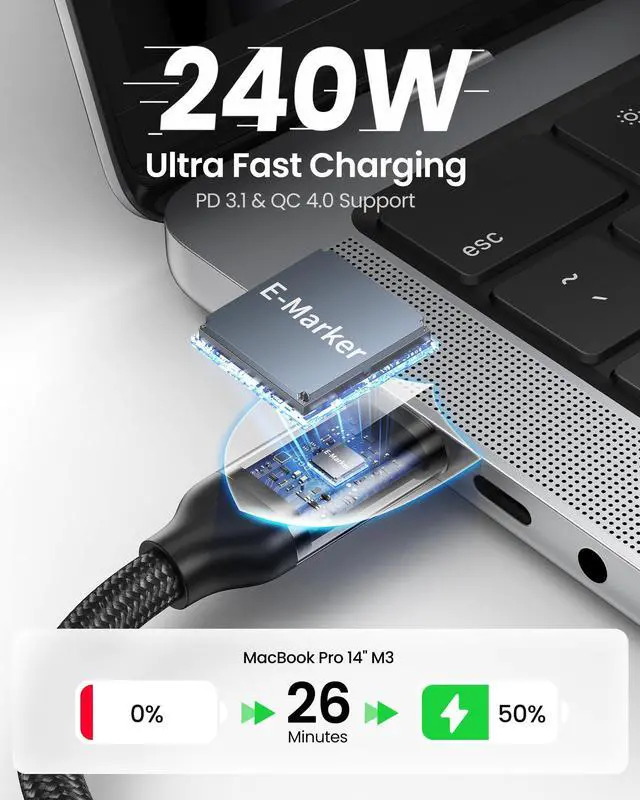 Alt view image 5 of 5 - Silkland USB 4 Cable for Thunderbolt 4 Cable, 40Gbps Data Sync, 8K/5K@60Hz, 4K@240Hz, 240W Charging, NetBraid-48 USB C Monitor Cable 5FT, Compatible for MacBook, iPhone 17/16, Monitor, SSD, Docking