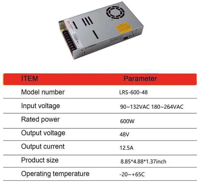 Alt view image 2 of 5 - LRS-600-48 48V 600W Single Output Switching Power Supply, 90-302VAC/255-370VDC Input, 12.5A, 1U Low Profile, 5G Vibration Resistant, Industrial Automation, UL/BS/IEC 62368-1 Certified