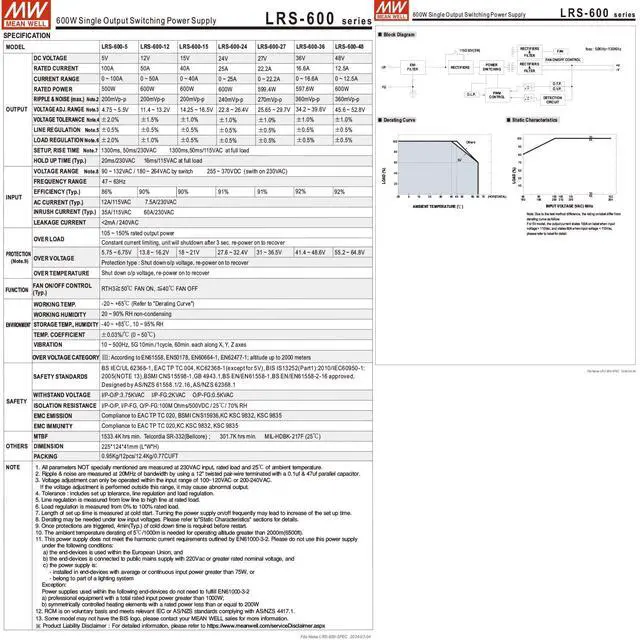 Alt view image 4 of 5 - LRS-600-48 48V 600W Single Output Switching Power Supply, 90-302VAC/255-370VDC Input, 12.5A, 1U Low Profile, 5G Vibration Resistant, Industrial Automation, UL/BS/IEC 62368-1 Certified