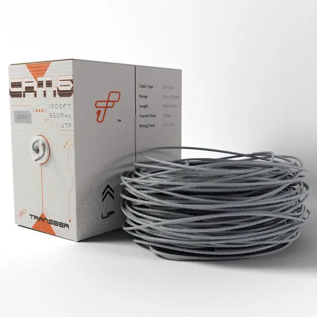 Alt view image 3 of 5 - Transber, CAT6 1000ft Ethernet Cable Solid UTP Up to 10Gbps 550Mhz 23AWG 4x2 Pair Bulk Cable Network PoE++/4PPoE LAN Wire 1000-feet Easy Pull Box (Gray)