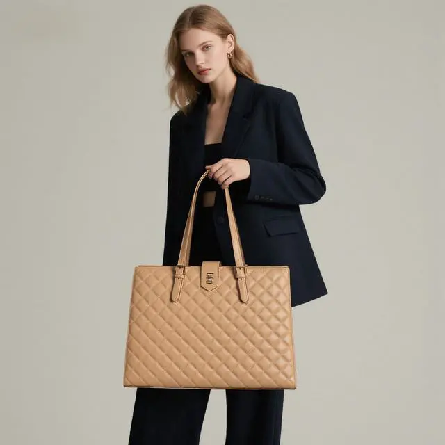 Alt view image 2 of 5 - BAGOK Quilted Laptop Tote Bag for Women,15.6" Work Bag,Large Capacity Shoulder Handbag for Business,Office,Travel,Daily UseBeige