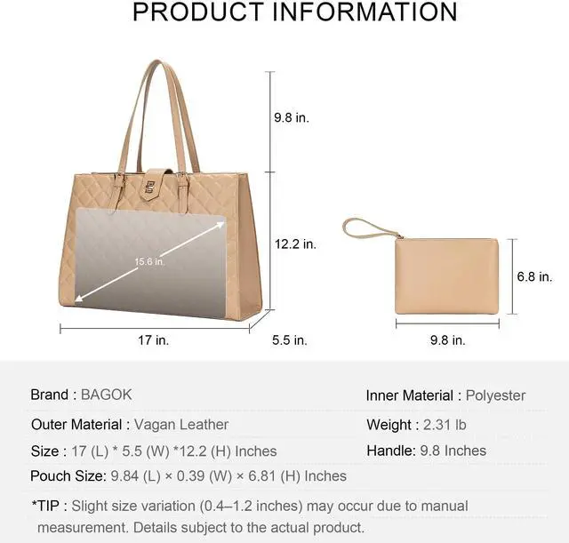 Alt view image 4 of 5 - BAGOK Quilted Laptop Tote Bag for Women,15.6" Work Bag,Large Capacity Shoulder Handbag for Business,Office,Travel,Daily UseBeige