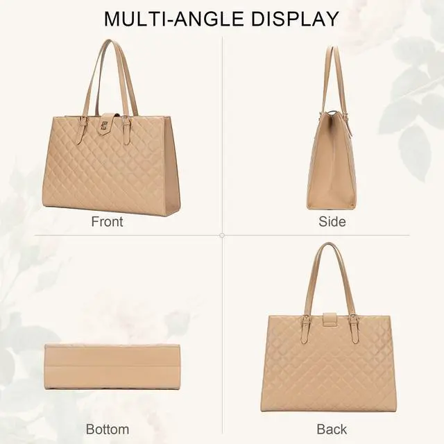 Alt view image 3 of 5 - BAGOK Quilted Laptop Tote Bag for Women,15.6" Work Bag,Large Capacity Shoulder Handbag for Business,Office,Travel,Daily UseBeige