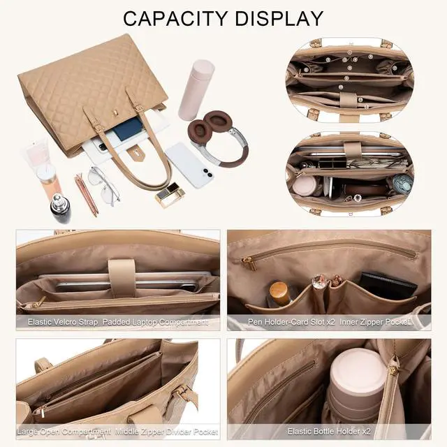 Alt view image 5 of 5 - BAGOK Quilted Laptop Tote Bag for Women,15.6" Work Bag,Large Capacity Shoulder Handbag for Business,Office,Travel,Daily UseBeige