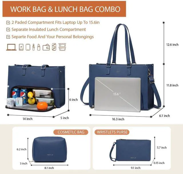 Alt view image 3 of 5 - Keyli 3PCS Sets Lunch Tote Bag for Women Laptop Bag for Women 15.6 Inch with Insulated Lunch Compartment Computer Briefcase Waterproof Handbag Large Capacity Business Teacher Office Laptop Purse