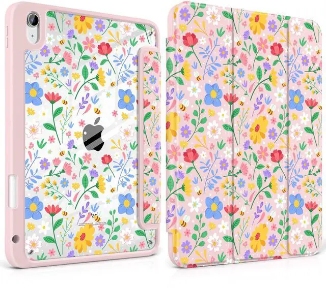 Main image of MEEgoodo Case for iPad A16 11th Generation 11 inch 2025/10th Gen 10.9 in 2022,Cover with Transparent Acrylic Back Shell,Tablet Case with Pencil Holder+Auto Wake/Sleep+Trifold Stand, Flat Spring Floral