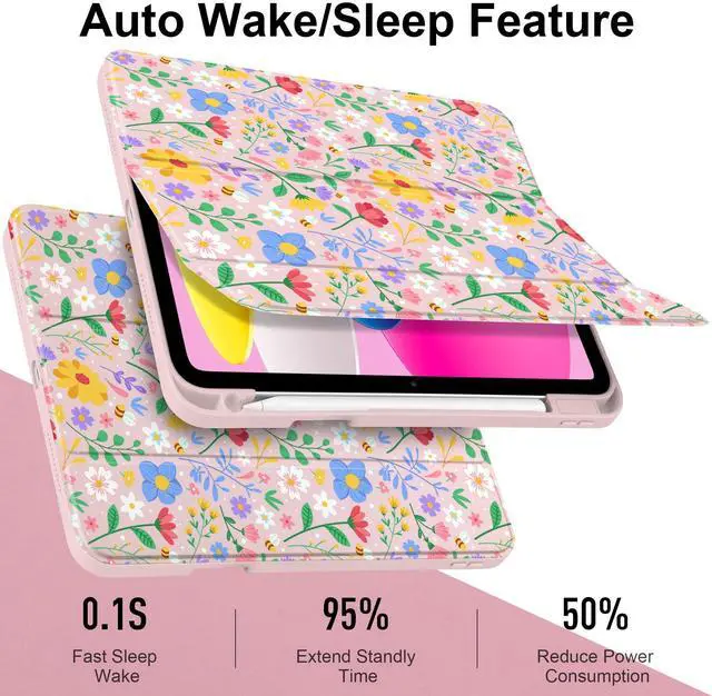 Alt view image 3 of 5 - MEEgoodo Case for iPad A16 11th Generation 11 inch 2025/10th Gen 10.9 in 2022,Cover with Transparent Acrylic Back Shell,Tablet Case with Pencil Holder+Auto Wake/Sleep+Trifold Stand, Flat Spring Floral