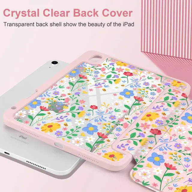 Alt view image 4 of 5 - MEEgoodo Case for iPad A16 11th Generation 11 inch 2025/10th Gen 10.9 in 2022,Cover with Transparent Acrylic Back Shell,Tablet Case with Pencil Holder+Auto Wake/Sleep+Trifold Stand, Flat Spring Floral