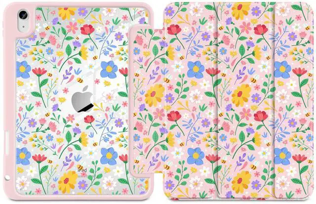 Alt view image 2 of 5 - MEEgoodo Case for iPad A16 11th Generation 11 inch 2025/10th Gen 10.9 in 2022,Cover with Transparent Acrylic Back Shell,Tablet Case with Pencil Holder+Auto Wake/Sleep+Trifold Stand, Flat Spring Floral