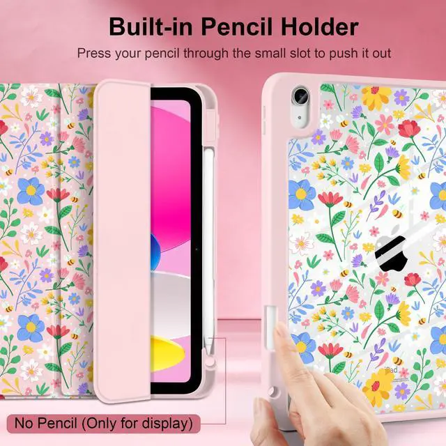 Alt view image 5 of 5 - MEEgoodo Case for iPad A16 11th Generation 11 inch 2025/10th Gen 10.9 in 2022,Cover with Transparent Acrylic Back Shell,Tablet Case with Pencil Holder+Auto Wake/Sleep+Trifold Stand, Flat Spring Floral